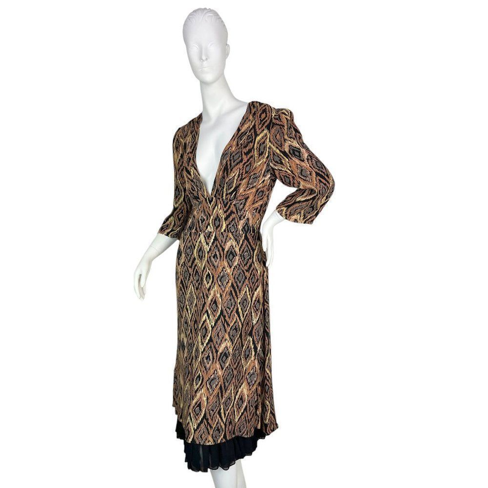 Ulf Andersson Rayon Crepe Ikat Print Dress w/ Ruffle, Deep V-Neck Size Medium